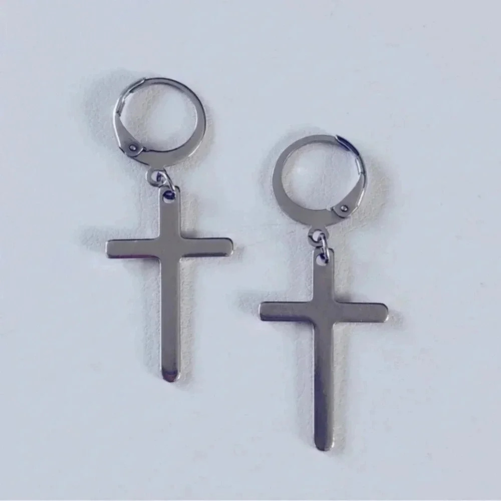 Silver Christian Cross on Hoop Stainless Steel Earrings NWT